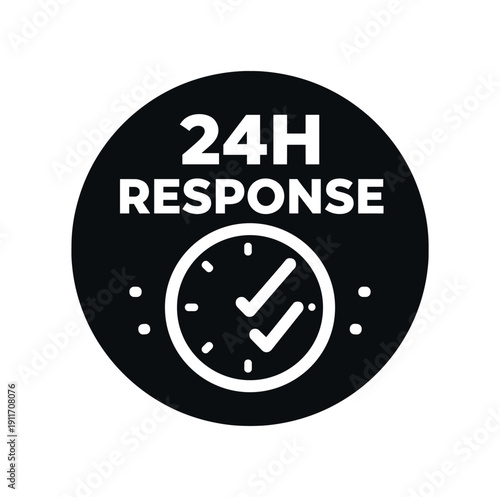 Flat vector badge 24H RESPONSE simple white clock with checkmark