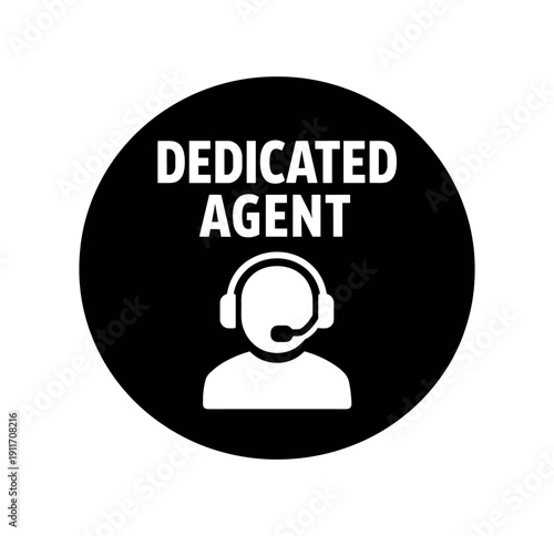 Flat vector badge DEDICATED AGENT simple white user with headset