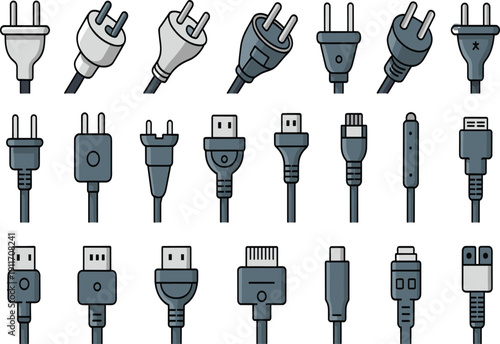 Collection of diverse electrical plugs and connectors illustrated in cartoon style, including USB, HDMI, Ethernet, and international AC power plug types arranged in rows