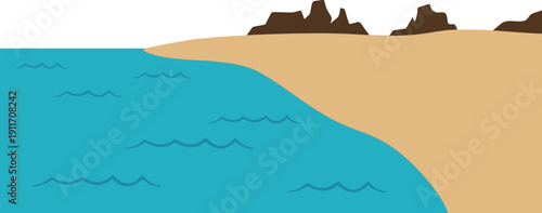 A simple flat design landscape featuring a sandy beach shore meeting the turquoise blue ocean with small waves and a range of brown rocky hills, perfect for summer vacation travels.