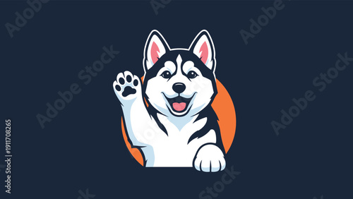Happy husky dog waving its paw and smiling set inside an orange circular frame on a dark navy blue background.