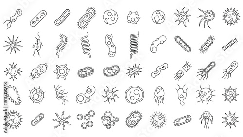 Large collection of diverse bacteria and microbe icons in a simple black line art style showing various shapes.