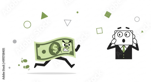 Cartoon money runs away from stressed businessman with floating shapes around