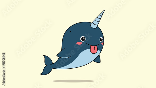Adorable cartoon narwhal with a long tusk and its tongue sticking out playfully on a soft yellow background for kids art.