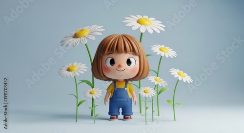 A cute, brown-haired girl with a big smile, wearing a yellow shirt and blue overalls, standing in front of a field of daisies.