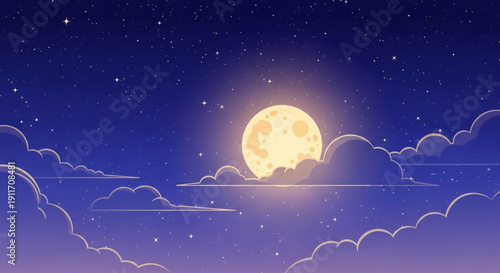 Full moon rising behind fluffy clouds in a starry night sky with soft purple and blue hues and a glowing orb