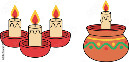 Four lit wax candles, three in simple red bowls and one in a traditional decorated pot with green and yellow patterns, symbolizing light and celebration for festivals like Diwali and cultural holidays