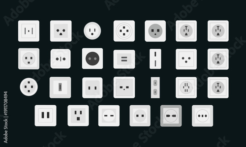 Collection of international electrical outlet designs arranged in grid pattern, showcasing diverse plug types and socket standards used worldwide for power connections and devices