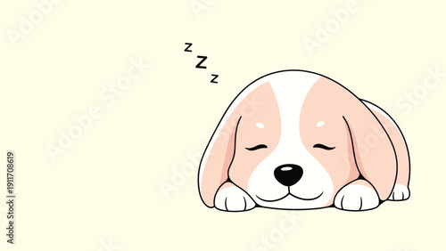 Peaceful illustration of a cute beagle puppy sleeping soundly with eyes closed and letters zzz above it on a light background.