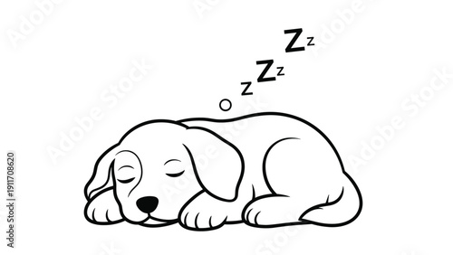 Simple line art drawing of a cute puppy curled up and sleeping peacefully with zzz bubbles on a clean white background.