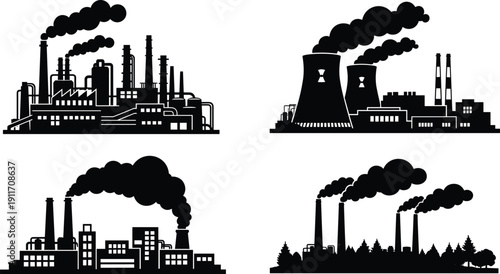 Black Industrial Factory Silhouette Vector Set, Manufacturing Plant Icons With Smoking Chimneys For Energy, Pollution, Global Warming, Engineering Graphic Design