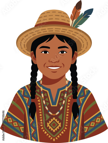 A smiling indigenous child with braided hair, wearing a traditional geometric patterned tunic, a beaded necklace, and a straw hat adorned with feathers, representing cultural heritage.