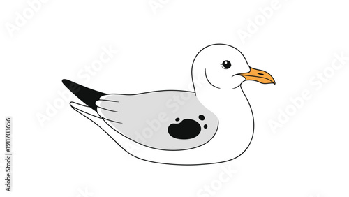 Friendly cartoon seagull sitting comfortably with its wings tucked and looking aside with a happy orange beak on white.
