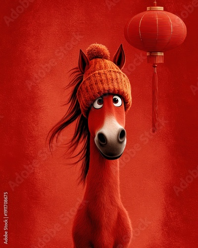 Red cartoon horse wearing knitted hat next to lantern. Horse year