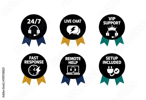 six separate flat vector ribbon badges badge solid black circle with two ribbon ( ) : 24/7 headset icon LIVE CHAT chat lightning icon VIP SUPPORT crown headset icon FAST RESPONSE bolt clock