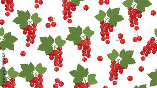 Seamless pattern of ripe red currant berries with green leaves hanging in clusters over a clean white background design.