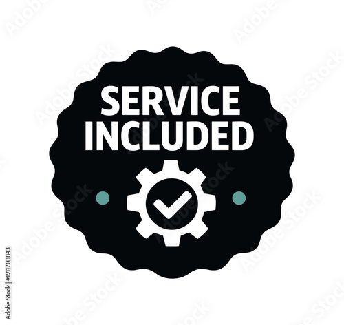 Flat vector seal stamp badge SERVICE INCLUDED simple white gear with checkmark tiny