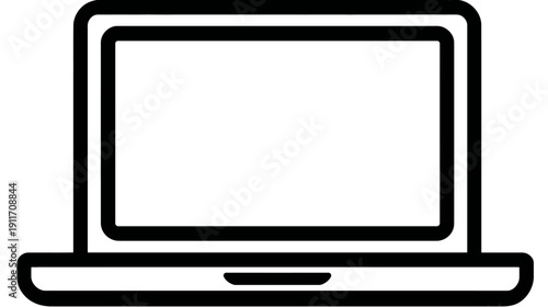 A simplified, stylized depiction of a laptop computer, featuring a blank screen, a black outline