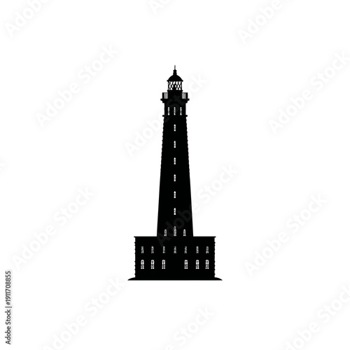 A detailed silhouette of a lighthouse. It stands tall against a stark white backdrop, displaying a classic structure