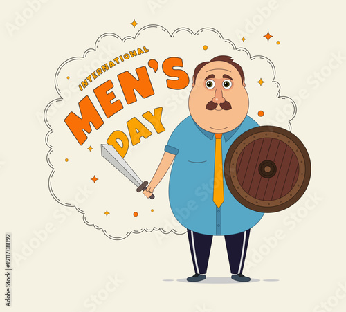 International Men's Day. Funny character of a chubby man with a sword and shield. Vector illustration.