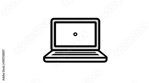 Black and white line art illustration of a laptop computer with a blank screen