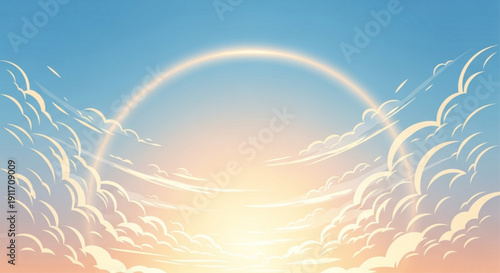 Vibrant rainbow sunrise with fluffy clouds and warm sunlight in a serene blue sky