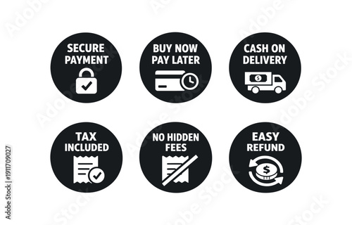 six separate flat vector badges badge solid black circle with the text consistent style and size badge texts and : SECURE PAYMENT lock check icon BUY NOW PAY LATER card clock icon CASH ON