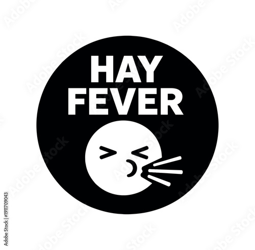 Flat vector badge HAY FEVER simple white face with sneeze lines