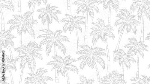 Minimalist seamless pattern of light gray palm tree outlines on a clean white background perfect for tropical themes.
