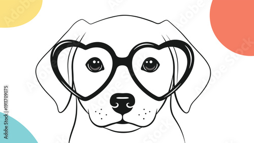 Detailed line art portrait of a cute dog wearing large heart shaped glasses with colorful abstract shapes in background.