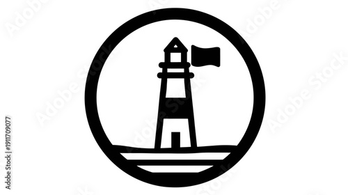 A monochrome illustration of a lighthouse, with a flag, within a circle, representing a beacon