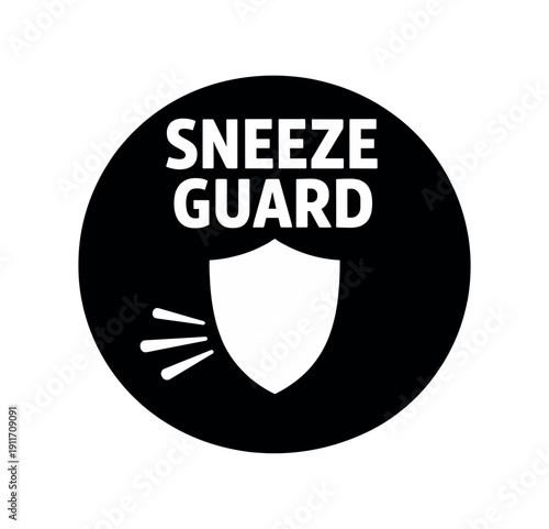 Flat vector badge SNEEZE GUARD simple white shield with sneeze lines