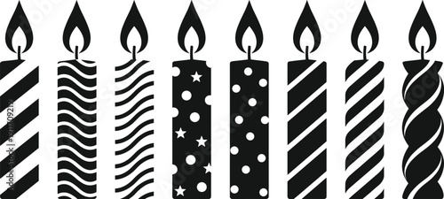 Black Birthday Candle Silhouette Vector Set, Decorative Party Tapers With Stripes, Polka Dots, And Stars For Celebration Cake, Festive Graphic