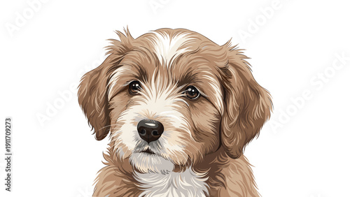 Close up portrait of a fluffy brown and white terrier puppy with soulful brown eyes and long fur on a clean background.
