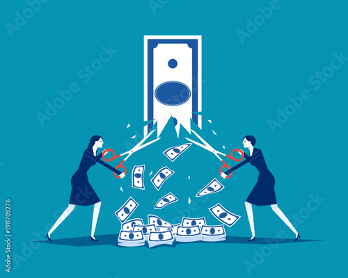 Value Added. Businesswoman take scissors to falling banknote