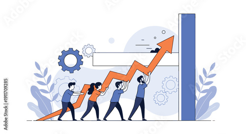 Dedicated team of professionals working together to push a large upward growth arrow towards a higher success level.