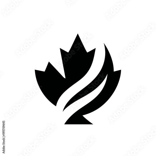 A monochrome emblem featuring a stylized leaf with swooshing lines, set against a pristine white background