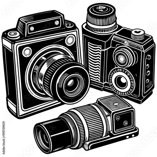 “Vintage Camera Illustration Retro Photography Equipment Line Art Vector”