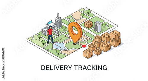 Modern isometric illustration of a city map for delivery tracking with location pin, courier, and stacks of packages.