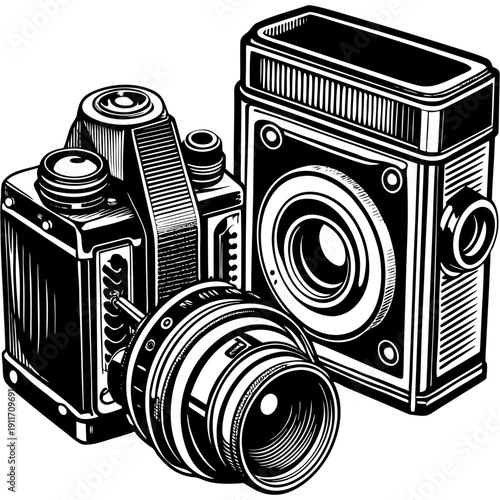 “Vintage Camera Illustration Retro Photography Equipment Line Art Vector”