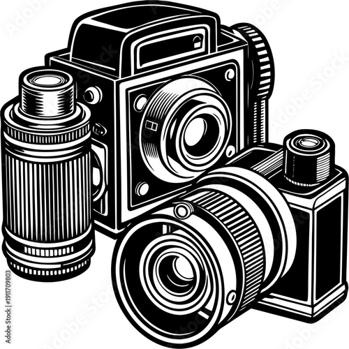 “Vintage Camera Illustration Retro Photography Equipment Line Art Vector”