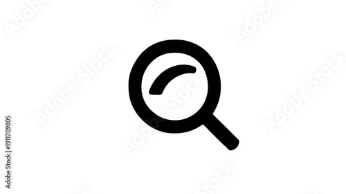 A black icon of a magnifying glass, round lens with an arc inside, against a white background