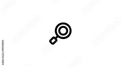Black and white icon of a magnifying glass on a white background. Simple design
