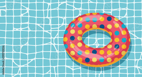 Bright red inflatable swimming ring with colorful dots floating on clear blue water in a tiled outdoor swimming pool.