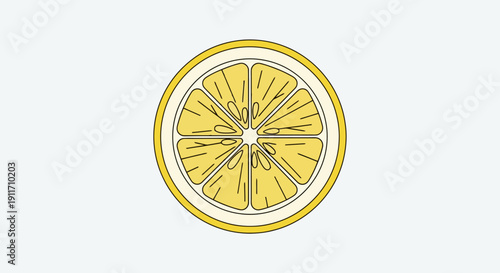 A bright yellow lemon slice with a white outline on a white background.