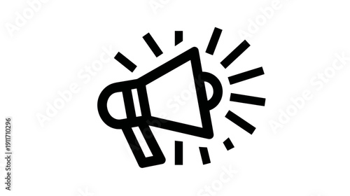 A bold, black outline illustration of a megaphone, radiating outwards with short, straight lines