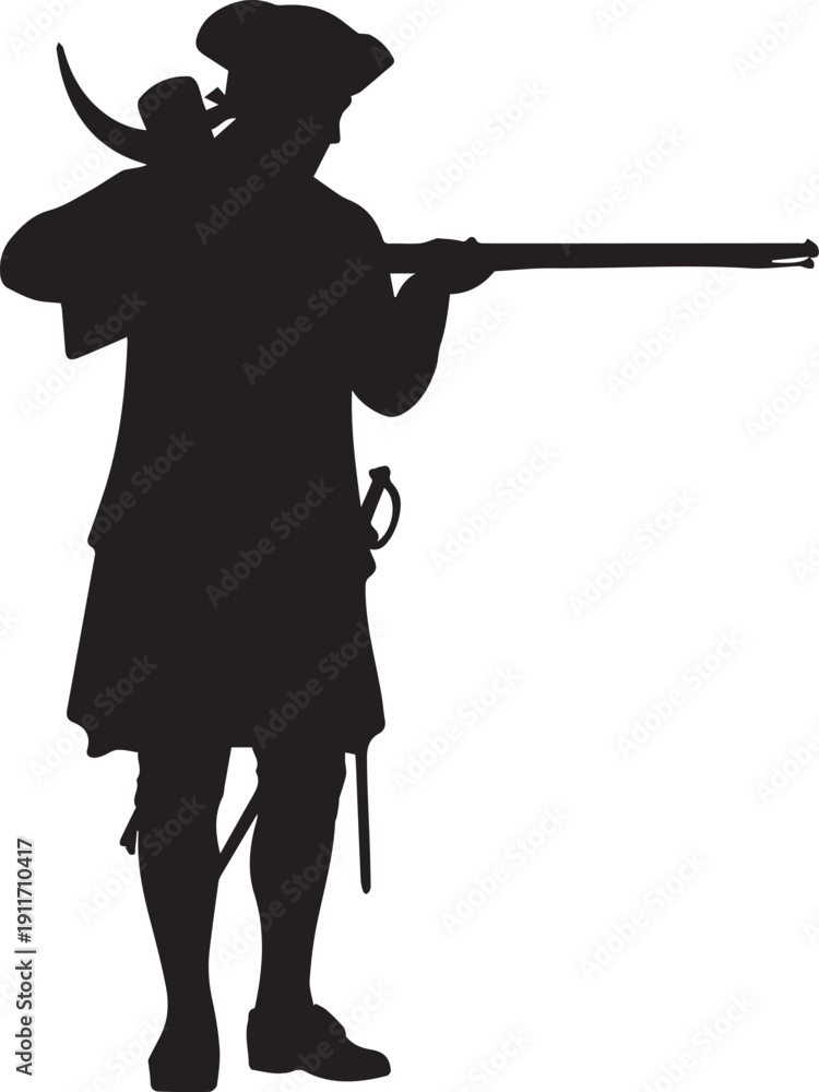 Naklejka premium Colonial soldier with musket and sword vector silhouette illustration line art