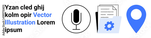 Communication tools, document sharing, data management, online services, audio inputs, location tagging. Microphone icon, documents with gear and a blue location marker. Communication tools