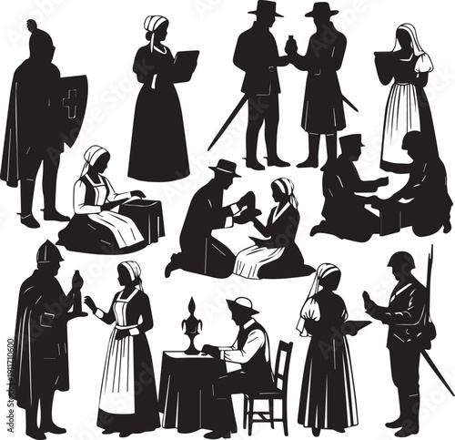Group historical people silhouette vector illustration line art