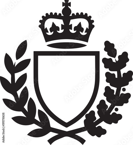 Heraldic shield with crown and laurel wreath vector silhouette illustration, royal line art emblem